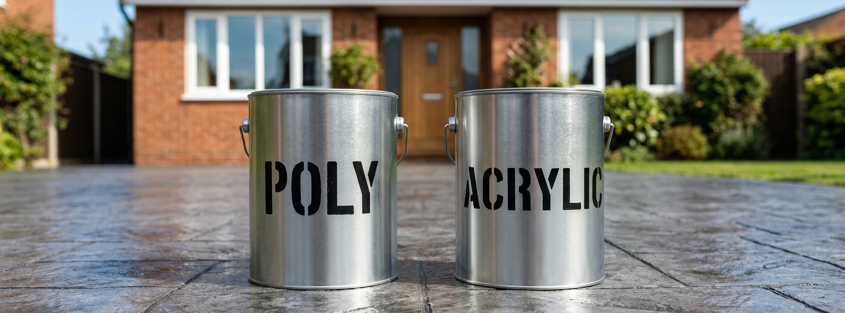 Two tins stenciled with POLY and ACRYLIC sitting on a sealed charcoal concrete driveway.