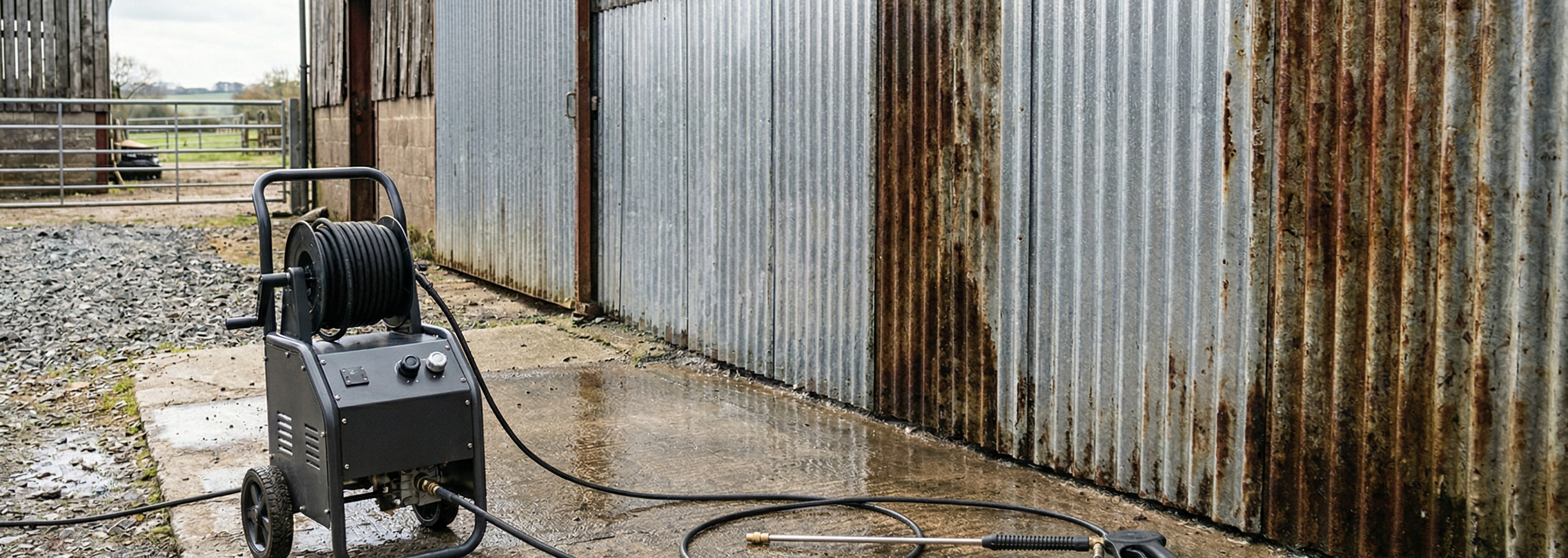 The correct pressure washing settings for industrial metal cladding preparation before painting.