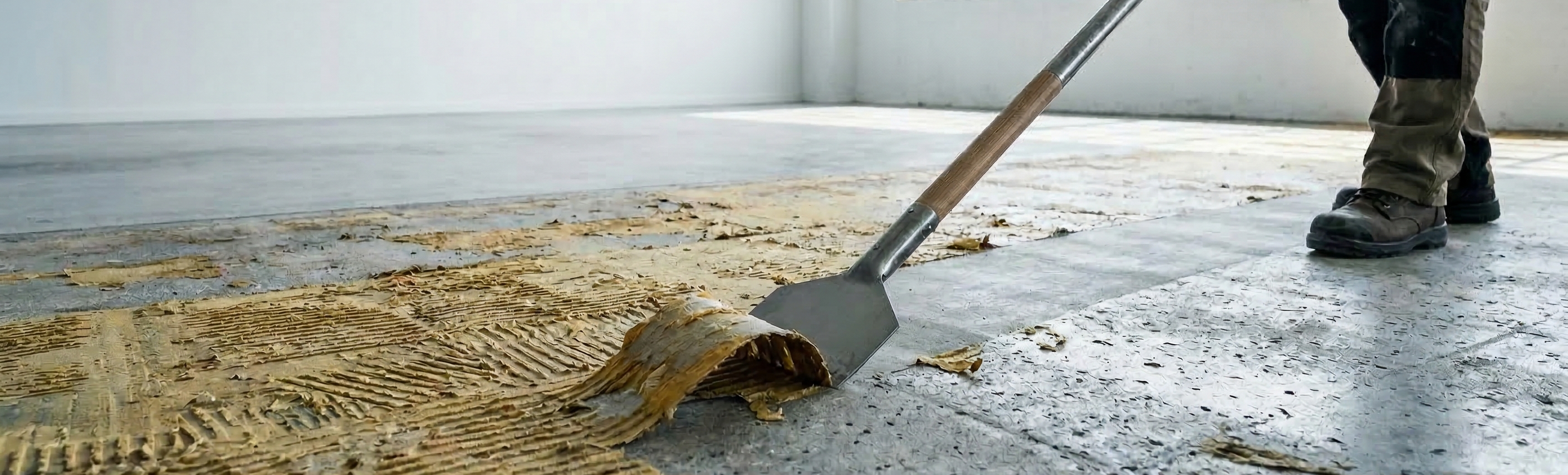 Scraping off old yellow carpet glue from a concrete garage floor using a metal floor scraper.
