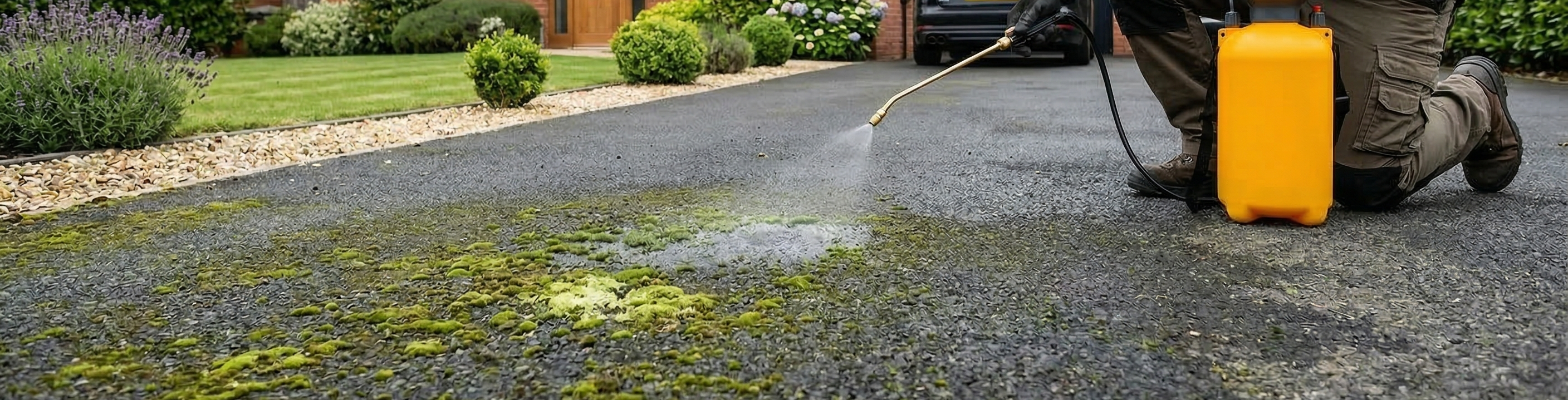Applying a professional biocide treatment to remove moss and algae from a soft tarmac driveway in the UK.