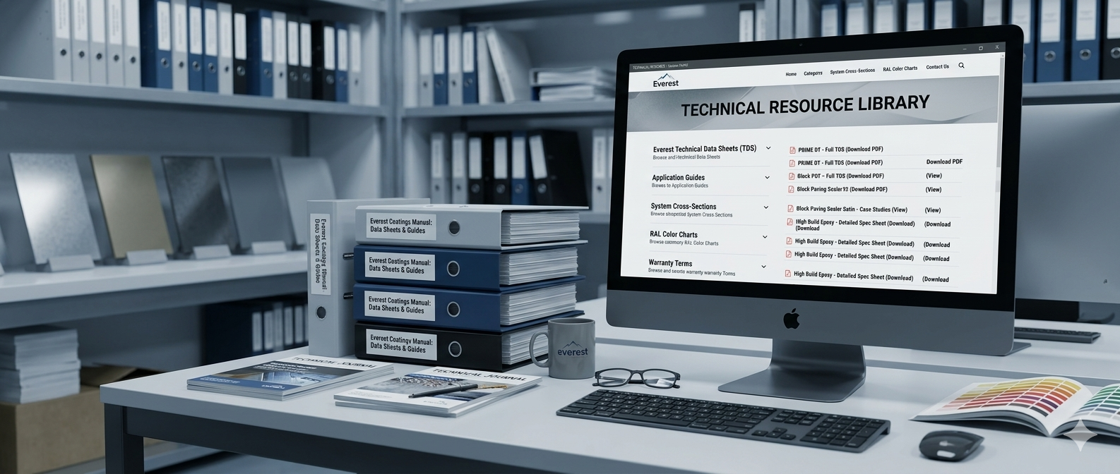 Computer monitor displaying a 'Technical Resource Library' on a desk with office supplies.