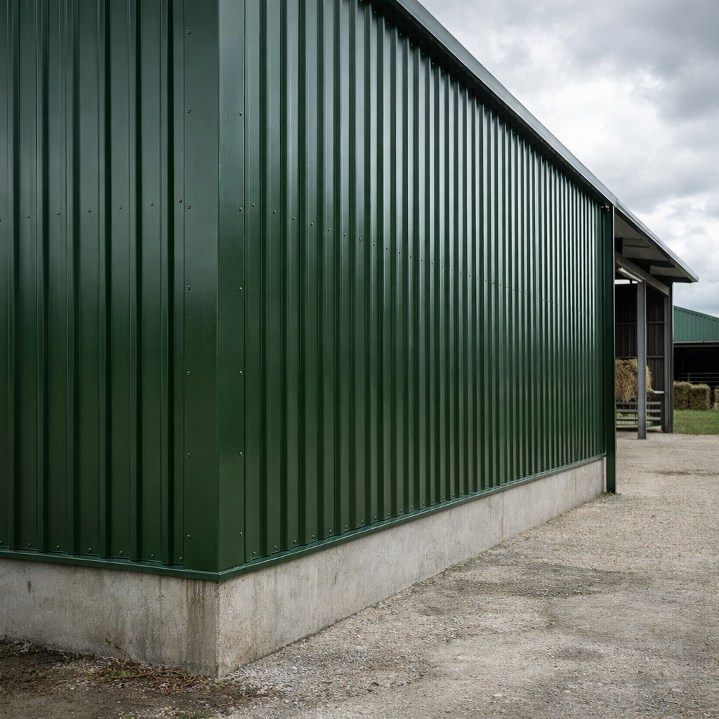 Green metal building with concrete foundation on a cloudy day