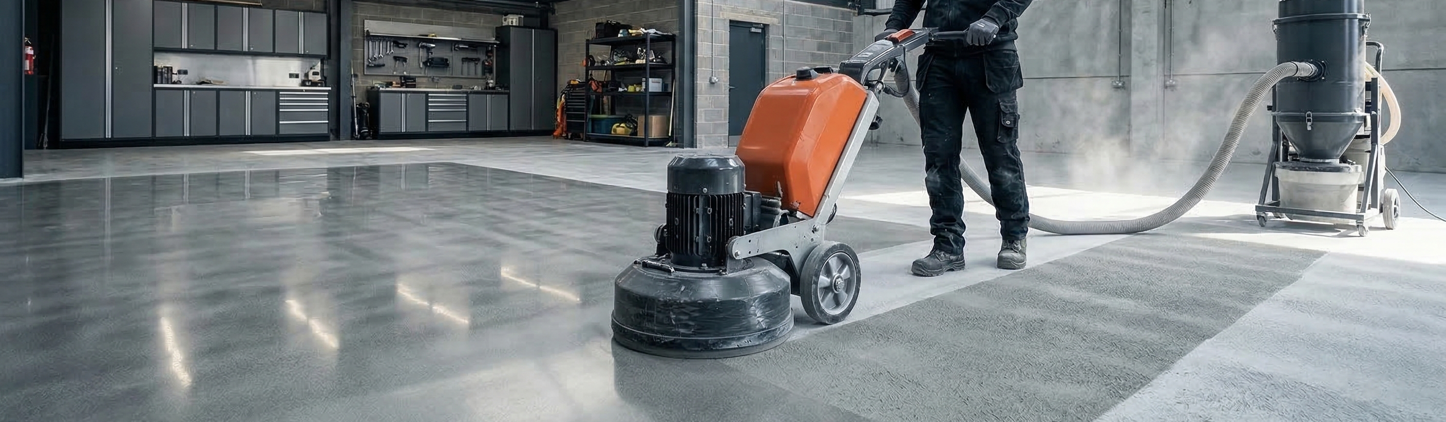 Professional diamond grinding of a smooth power-floated concrete floor to create a mechanical key for painting.
