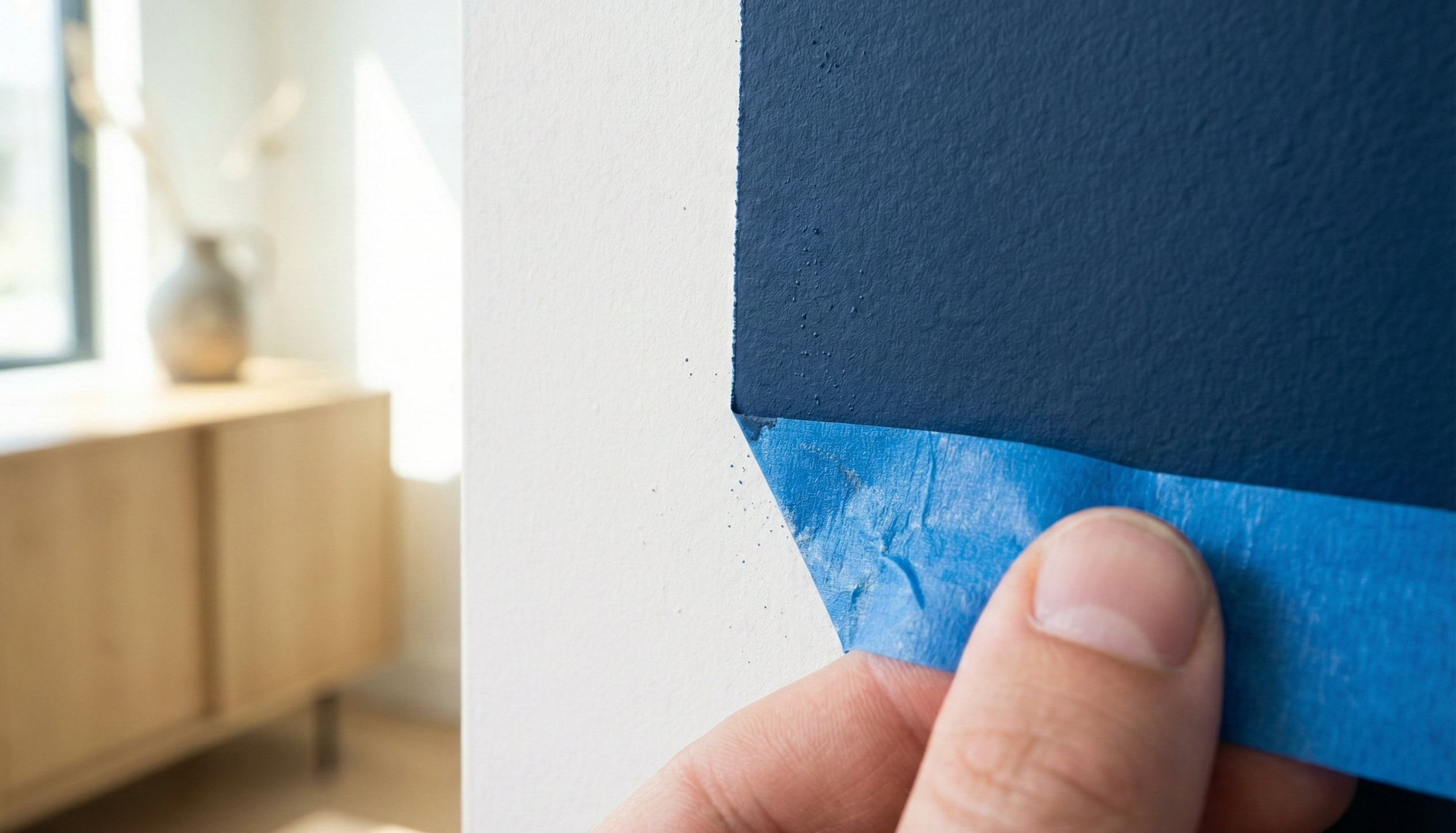 Close-up of painter's tape being removed to reveal a crisp, sharp line on a finished wall.
