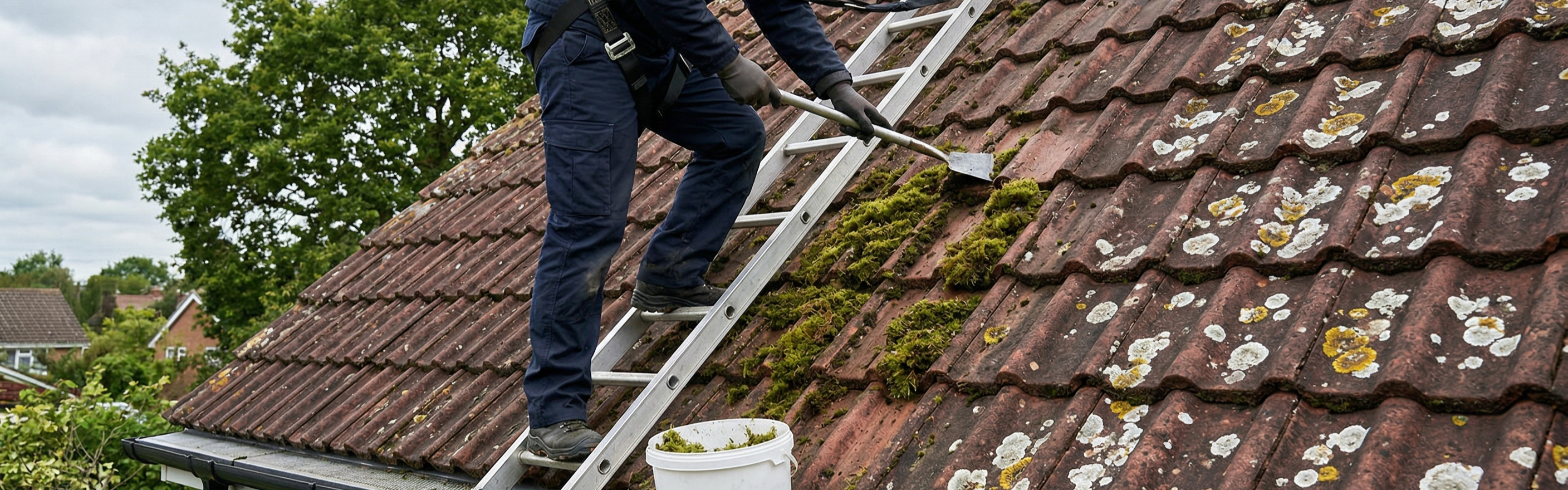 Manually removing thick green moss from traditional clay roof tiles on a UK house.