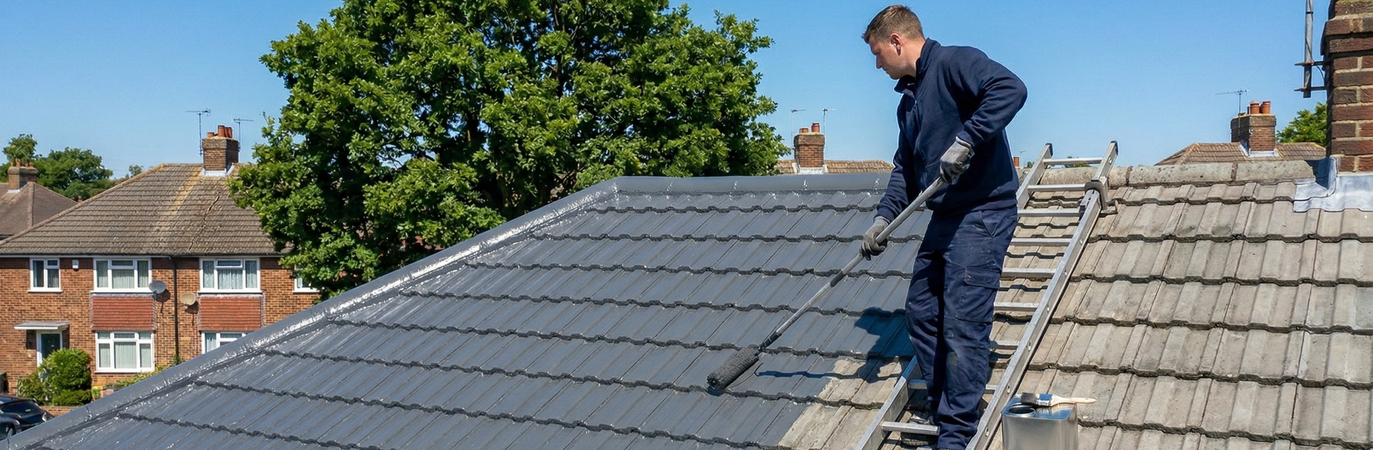A freshly painted grey tiled roof in the UK under a clear blue sky, showing ideal drying conditions.