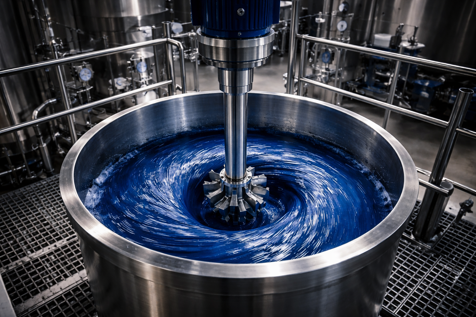 Stainless steel mixing bowl with blue liquid and a mixer in a industrial setting