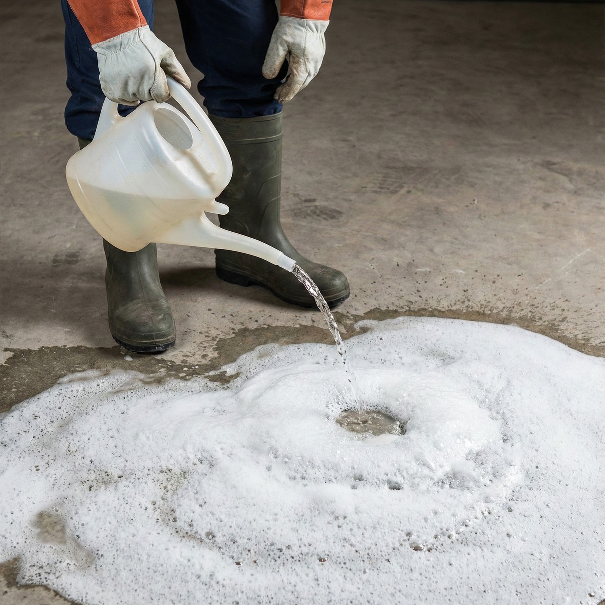 Person pouring liquid from a funnel onto a foamy substance on a concrete surface