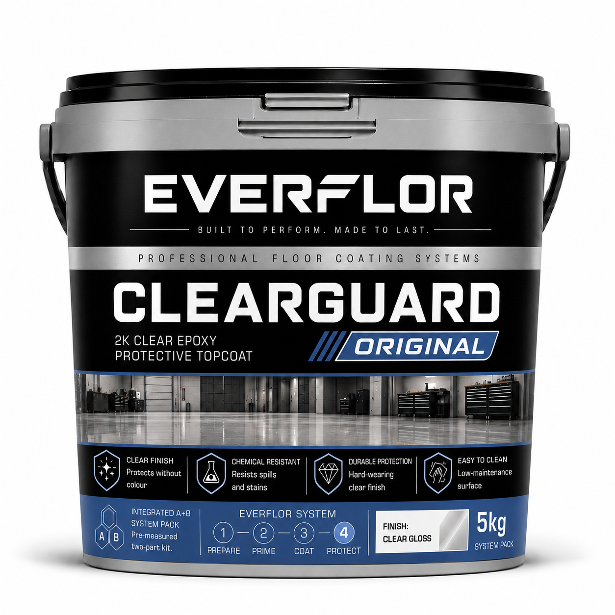 A 5kg bucket of Everflor Clearguard Original 2K Clear Epoxy Protective Topcoat floor coating, featuring a black and silver label with blue accents.