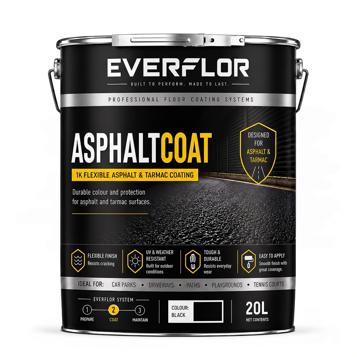 A 20-liter metal can of Everflor Asphalt Coat 1K Flexible Asphalt & Tarmac Coating, shown on a clean white background.