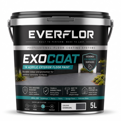 A 5L bucket of Everflor ExoCoat 1K Acrylic Exterior Floor Paint in 'Colour: Charcoal'. The product is shown in its retail packaging against a plain white background.
