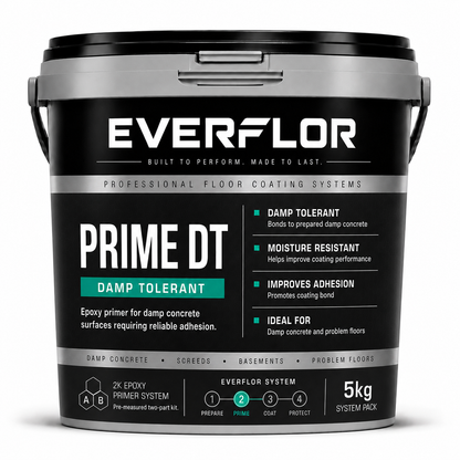 A 5kg bucket of Everflor Prime DT damp tolerant epoxy primer, featuring a black and silver container with a detailed product label on a white background.