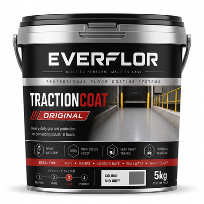 A 5kg bucket of Everflor TractionCoat Original floor coating, featuring a black and silver label with a grey color swatch indicating the paint color.