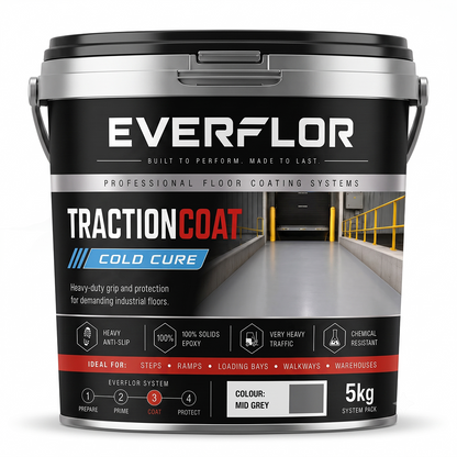 A 5kg bucket of Everflor TractionCoat Cold Cure floor coating in 'Mid Grey', featuring a black and silver label with product details and a grey color swatch.