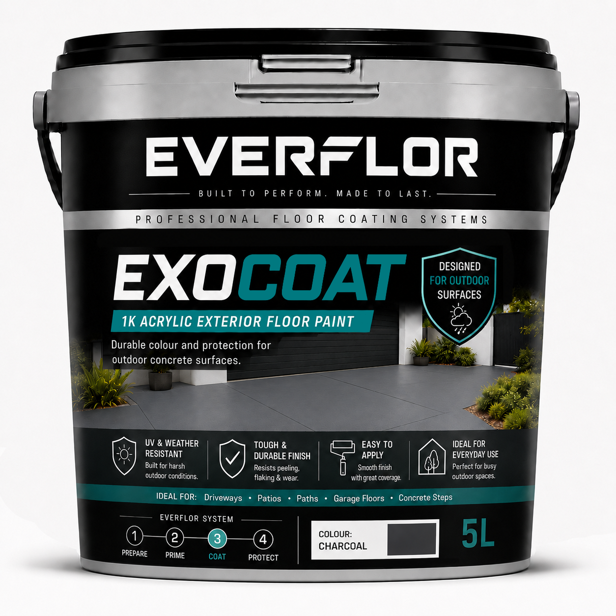 A 5L bucket of Everflor ExoCoat 1K Acrylic Exterior Floor Paint in Charcoal, shown on a clean white background.