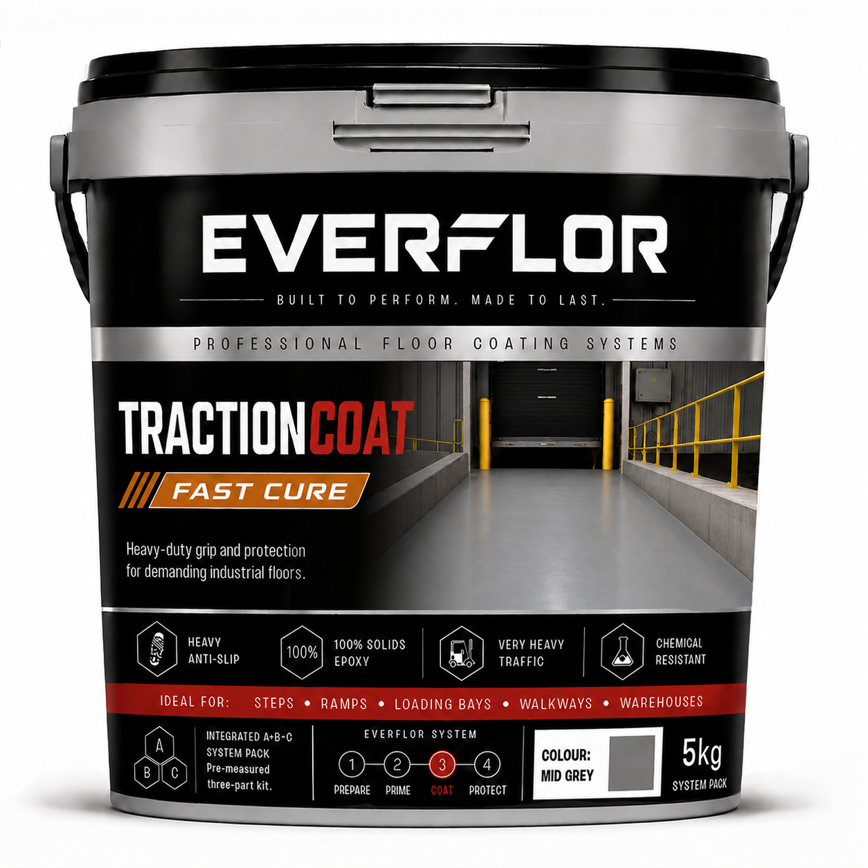 A 5kg bucket of Everflor Traction Coat Fast Cure floor coating system, shown on a clean white background. The bucket is black and silver with a detailed label showing its industrial application on a warehouse ramp.
