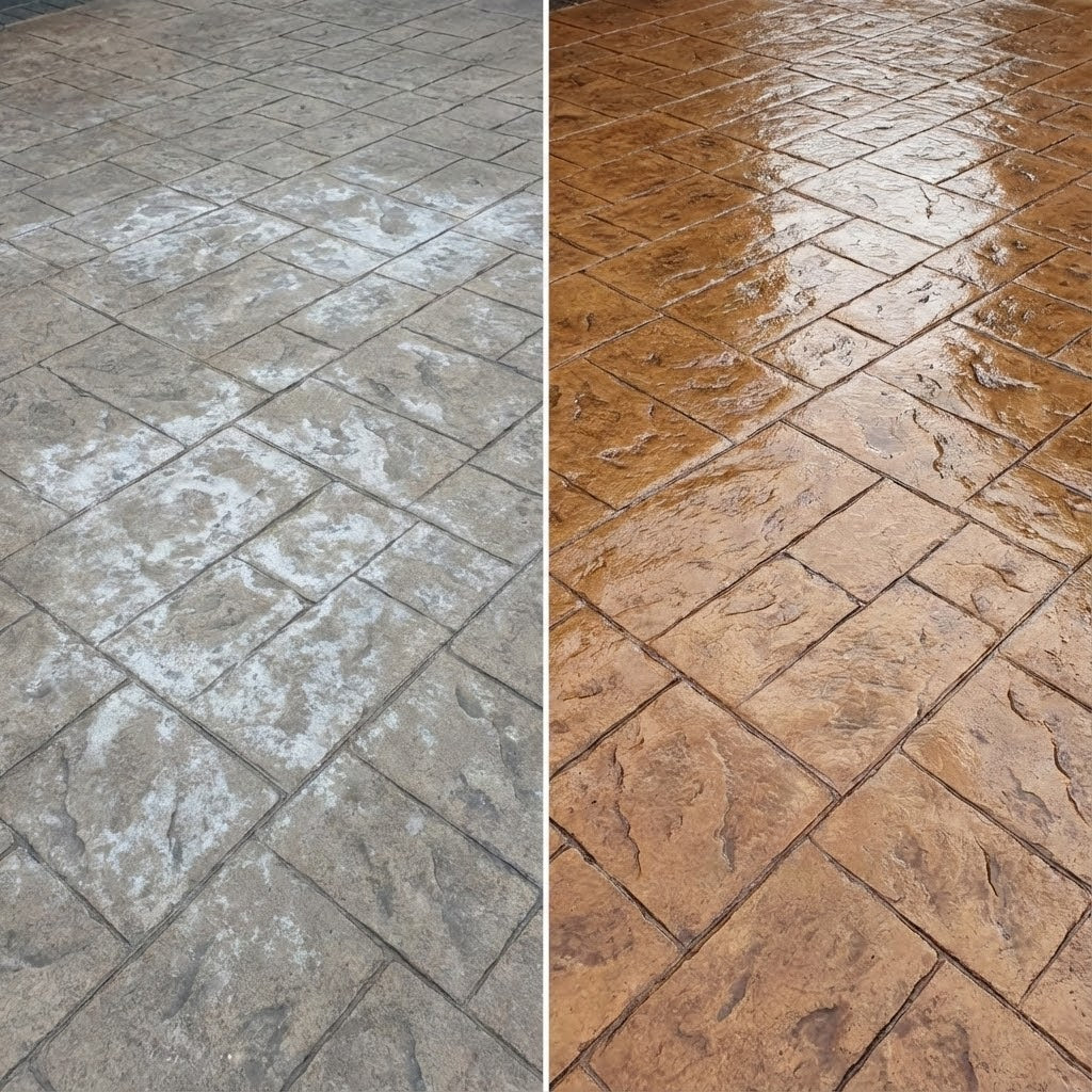 Before and after comparison of a stone patio surface.