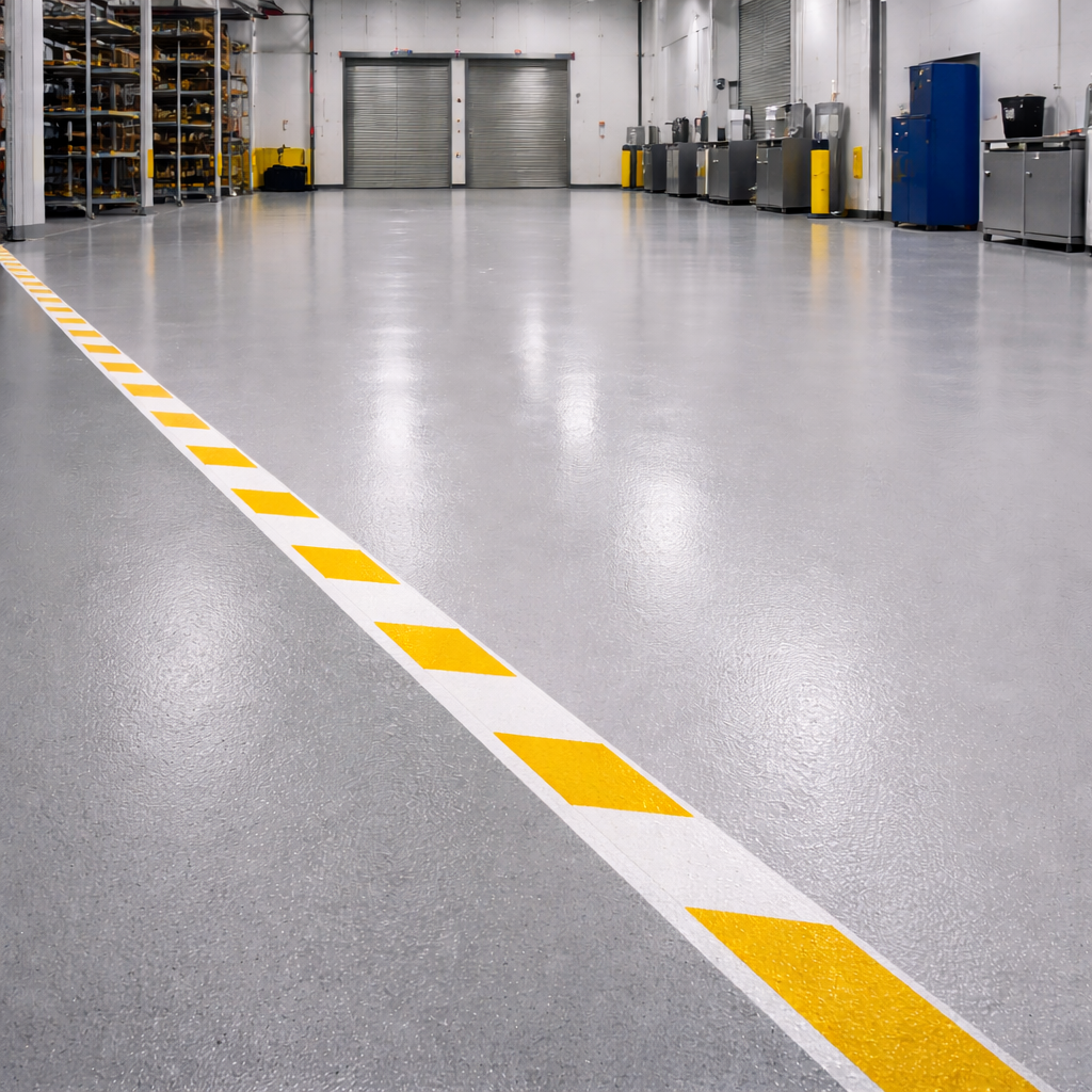 Warehouse interior with a marked floor and storage shelves.