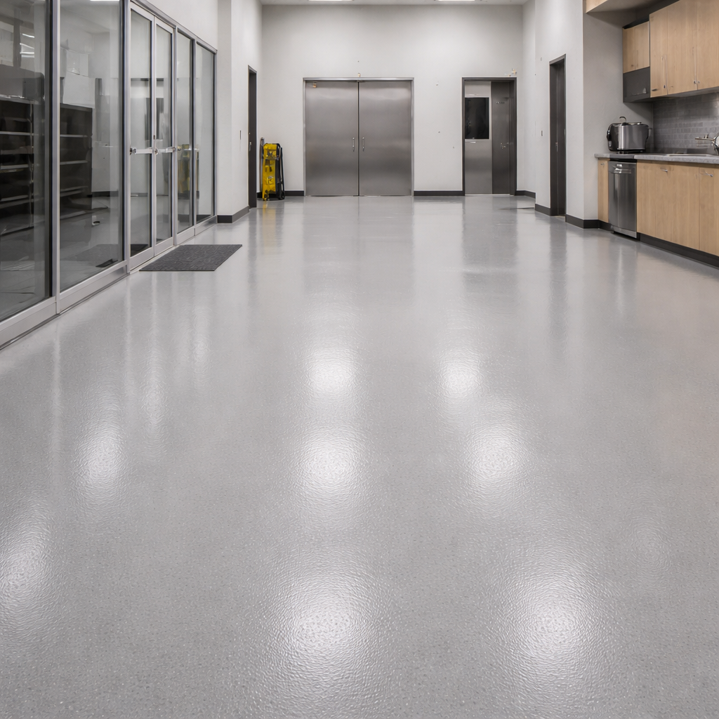 Modern office interior with a shiny floor, glass doors, and kitchen area.